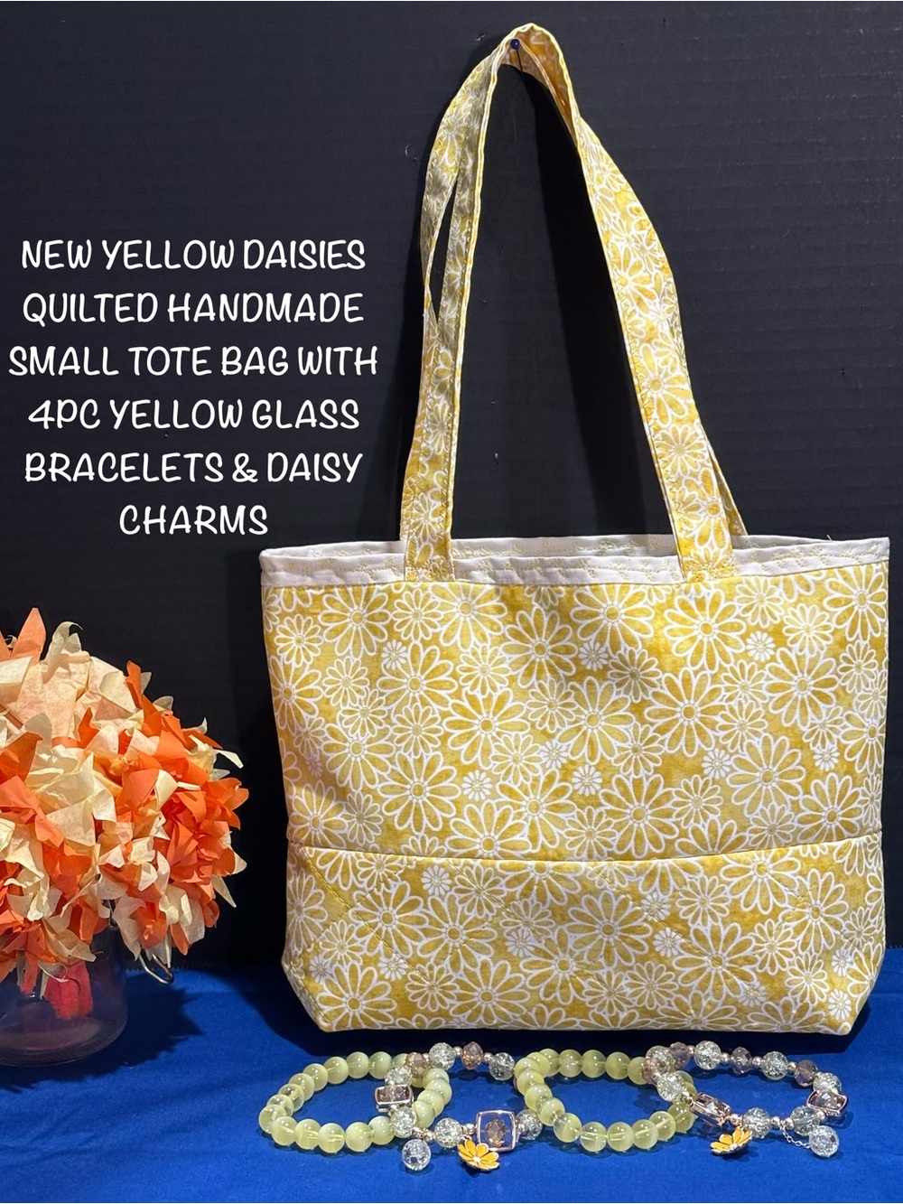 New Yellow Daisy Quilted Small Tote Bag with 4pc Yellow Glass Beaded Bracelet St